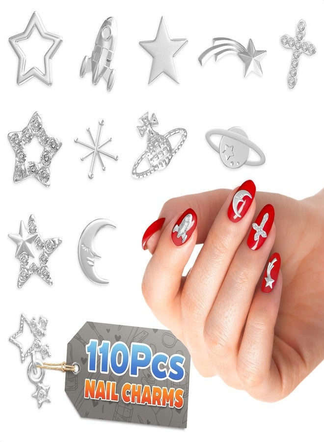ZOKLU 110 Pcs Silver Nail Charms and Gems - Complete Art Set with Cross, Planet, Piercing Ring & Silver Star Nail Charms Designs with Rhinestones - Easy-to-Apply, Sturdy Acrylic for Stylish Manicures - Image 1